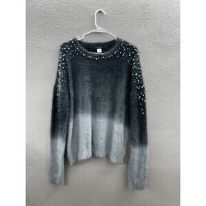 Venus Womens Sweater Size Large Cozy Pearl Trim Gray Ombre Fuzzy Long Sleeve